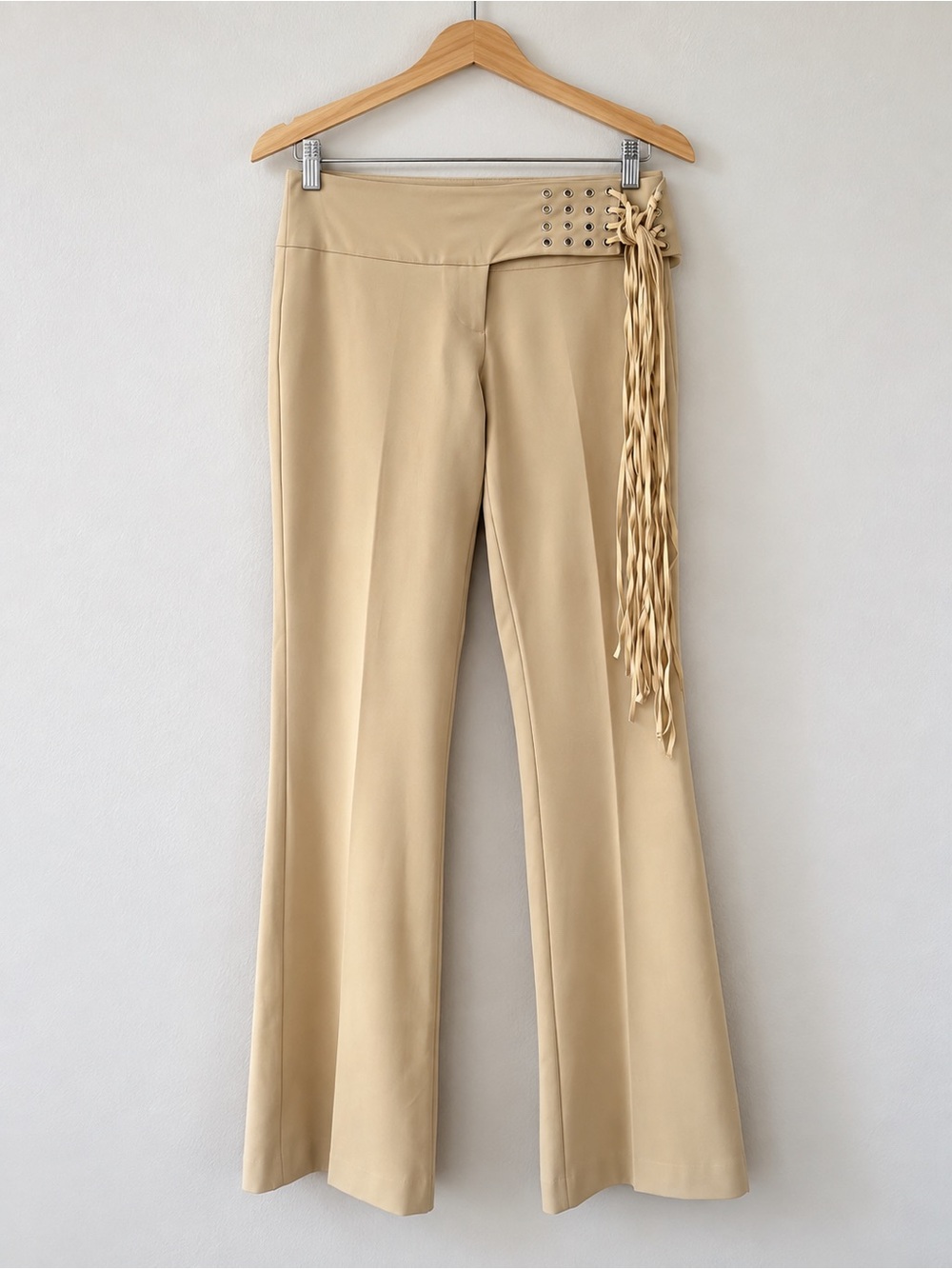 Sharagano Tan High-Waist Flare Pants with Fringe Tie